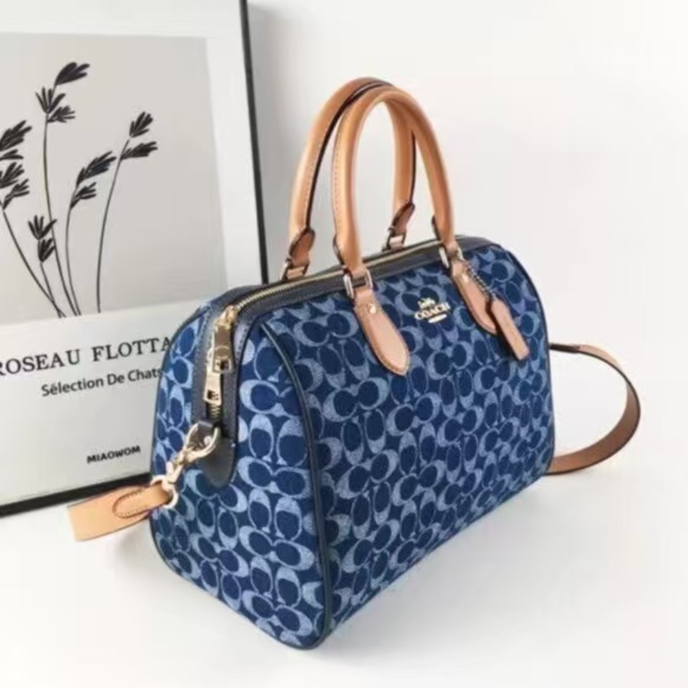 Coach Blue Signature Dome Satchel with Tan Leather Trim - Picture 2 of 11
